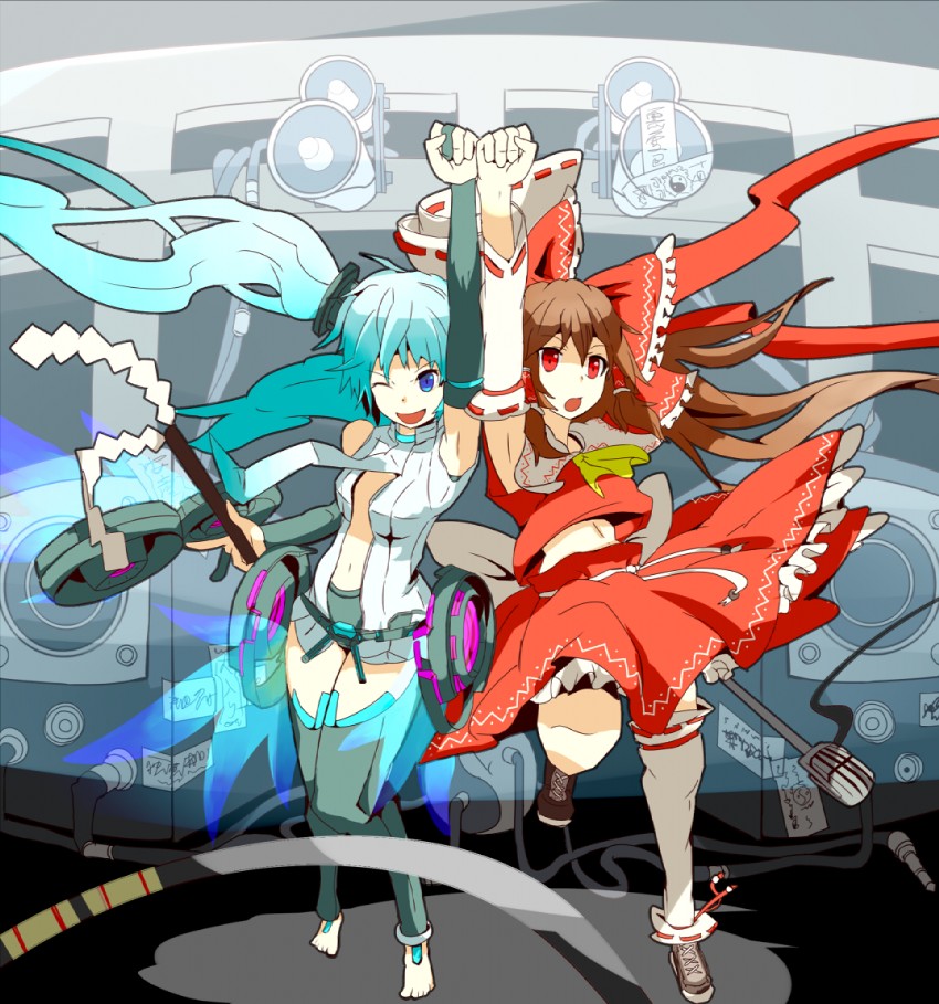 hatsune miku and hakurei reimu (touhou and 1 more) drawn by pateo