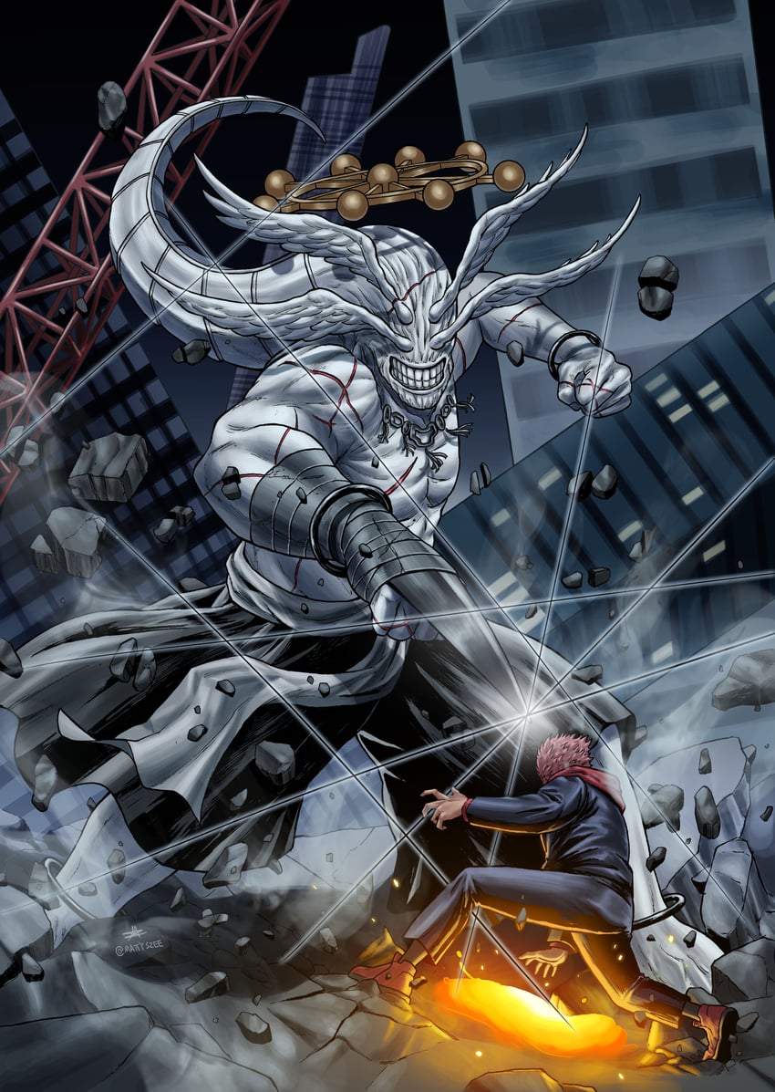 itadori yuuji, ryoumen sukuna, and mahoraga (jujutsu kaisen) drawn by mattyz