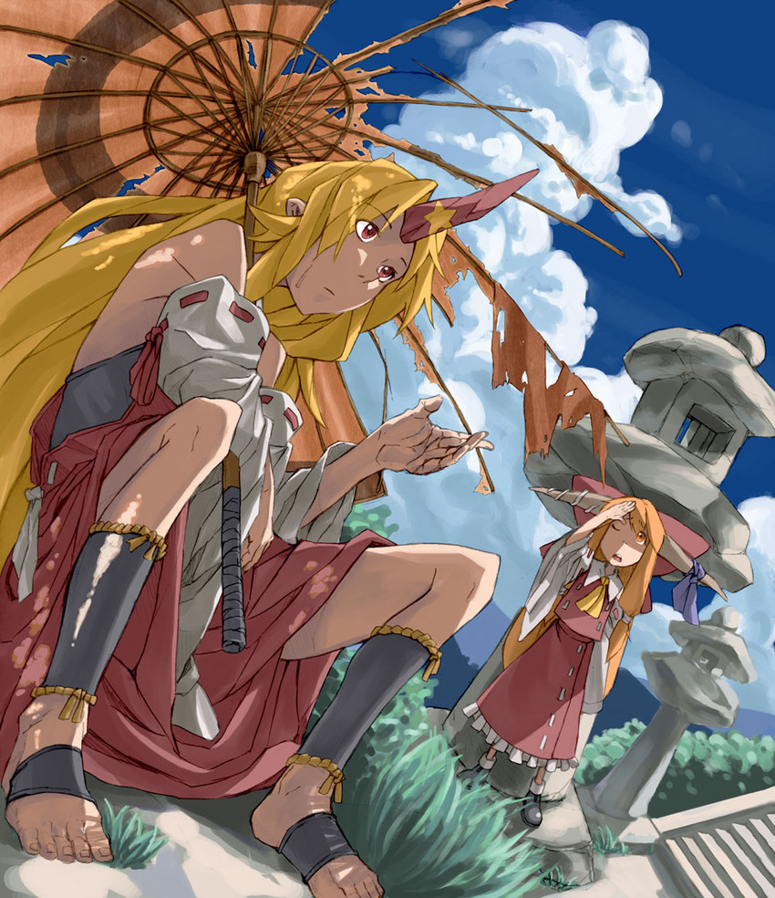 hakurei reimu, ibuki suika, and hoshiguma yuugi (touhou) drawn by numa_(minus_4k)