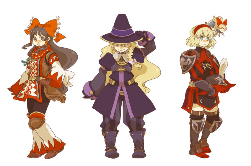hakurei reimu, kirisame marisa, alice margatroid, shanghai doll, white mage, and 2 more (touhou and 3 more) drawn by emu_(losspass)
