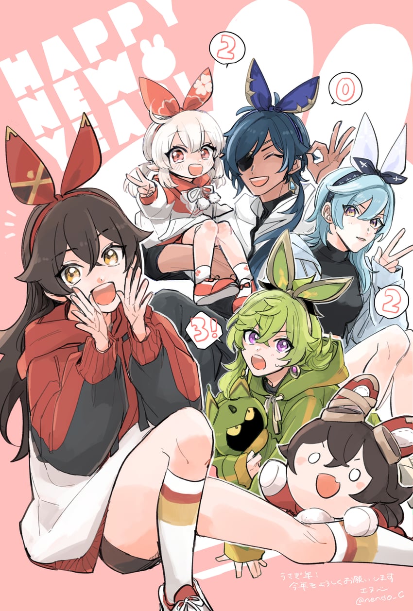 klee, eula, amber, kaeya, collei, and 2 more (genshin impact) drawn by nendo_(n)