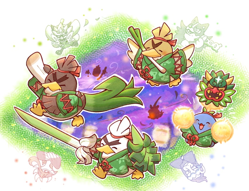 ogerpon, sirfetch'd, jumpluff, farfetch'd, dipplin, and 5 more (pokemon and 1 more) drawn by shuri_(syurigame)