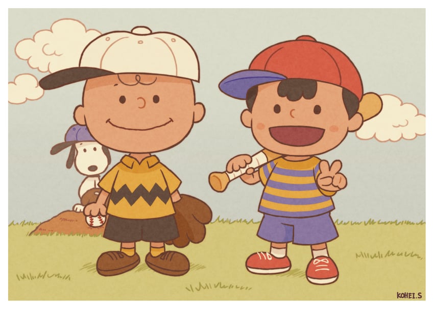 ness, snoopy, and charlie brown (mother and 2 more) drawn by kohei_s