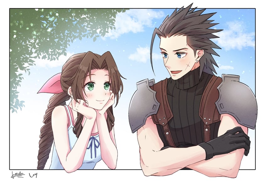 aerith gainsborough and zack fair (final fantasy and 2 more) drawn by kt9_ct