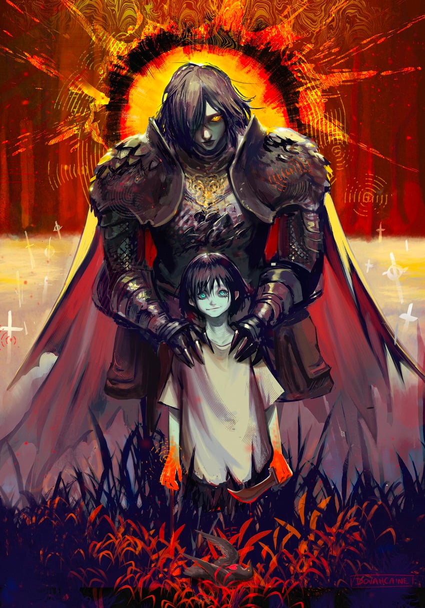 tarnished, lord of the frenzied flame, and pidge (elden ring) drawn by dovahcaine