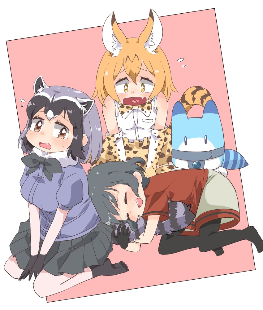 serval, kaban, common raccoon, and lucky beast (kemono friends) drawn by umikaze_shuu