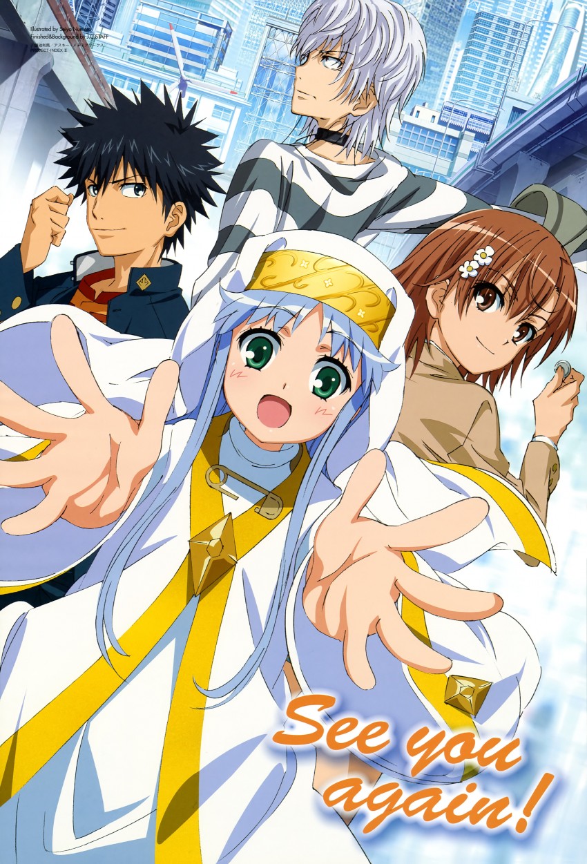 misaka mikoto, kamijou touma, accelerator, and index (toaru majutsu no index and 1 more) drawn by numata_seiya
