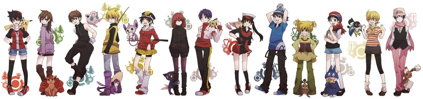 pikachu, dawn, may, red, ethan, and 22 more (pokemon and 1 more) drawn by umeko_(0516)