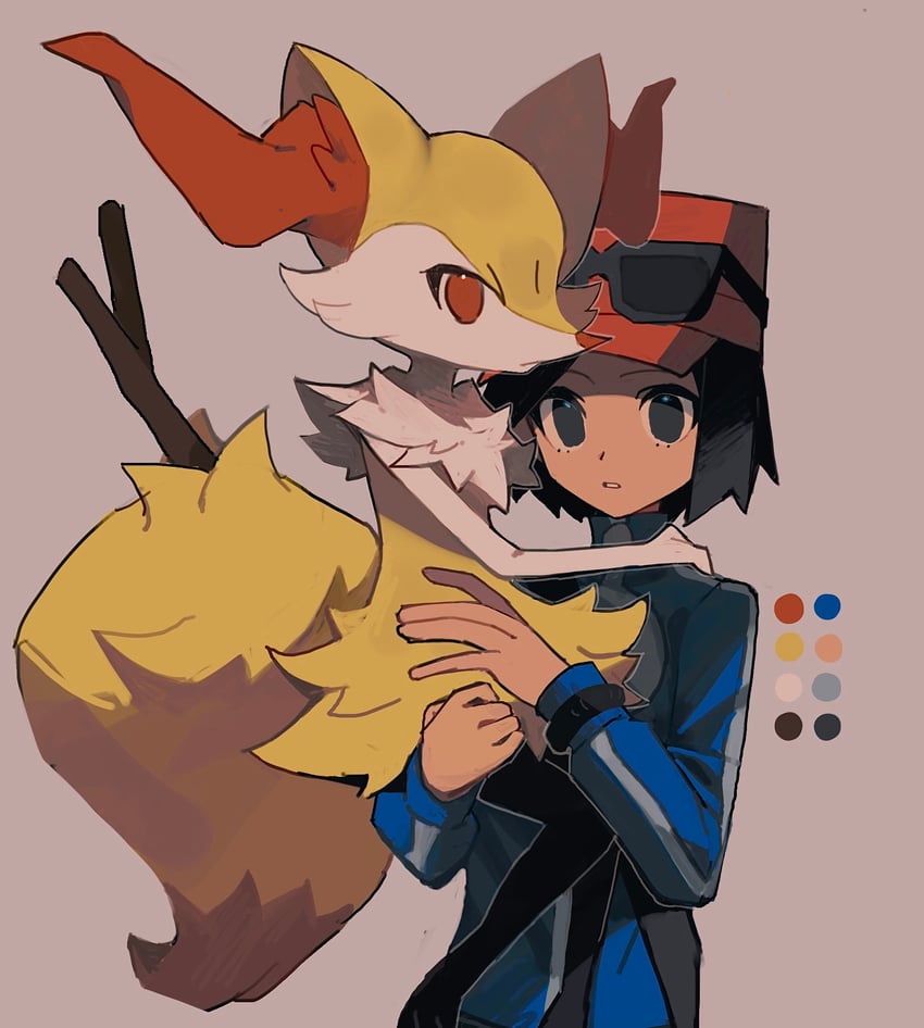 calem and braixen (pokemon and 1 more) drawn by 950magi618