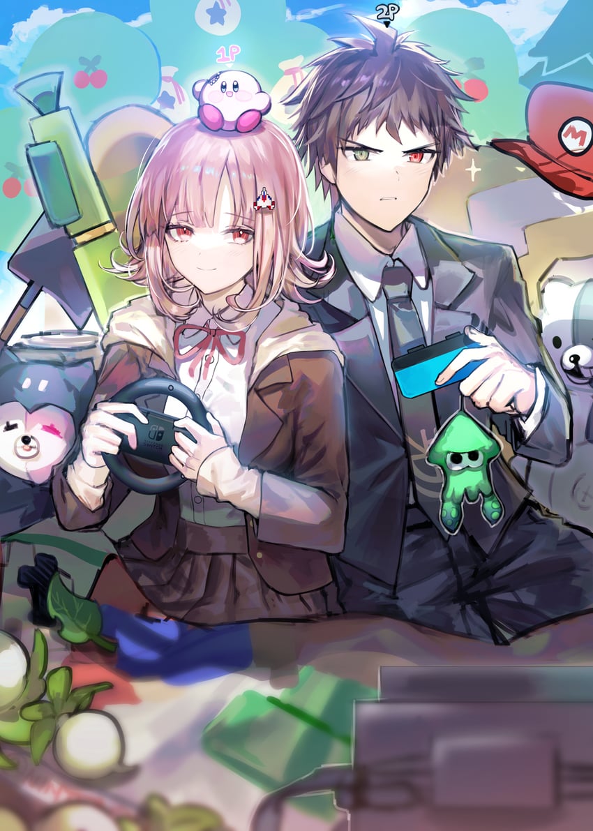 nanami chiaki, kirby, hinata hajime, monokuma, and monomi (danganronpa and 5 more) drawn by sp0i0ppp