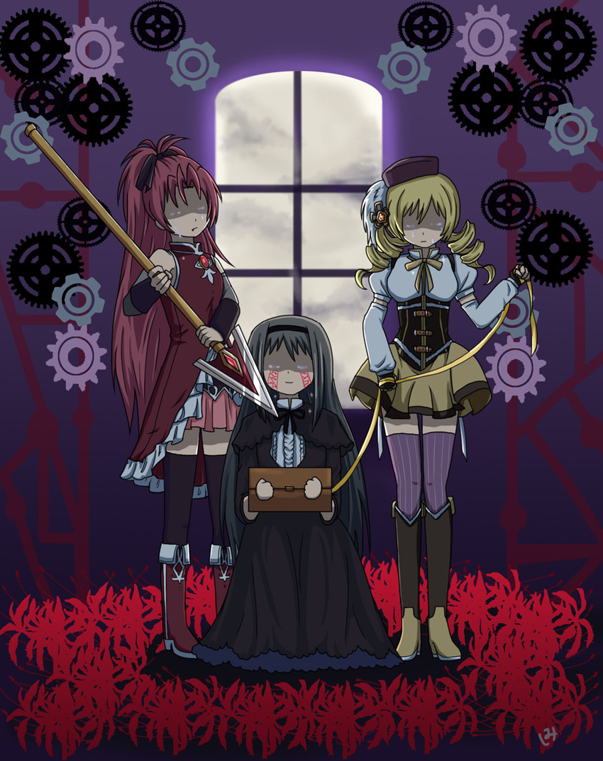 akemi homura, sakura kyoko, and tomoe mami (mahou shoujo madoka magica and 1 more) drawn by nekomei