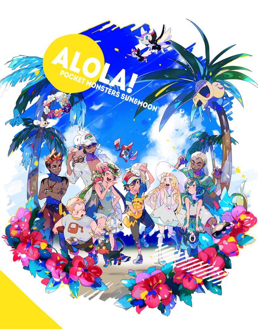 pikachu, lillie, ash ketchum, rotom, rowlet, and 17 more (pokemon and 1 more) drawn by yuuichi_(bobobo)
