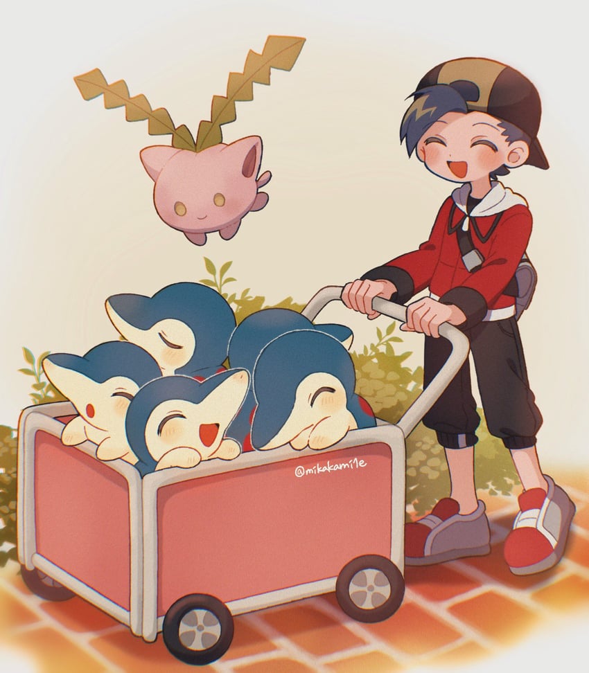 ethan, cyndaquil, and hoppip (pokemon and 1 more) drawn by mikakami1e