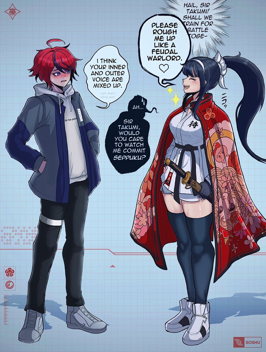 sumino takumi and magadori kyoshika (the hundred line -last defense academy-) drawn by soshu_(soshuscribbles)
