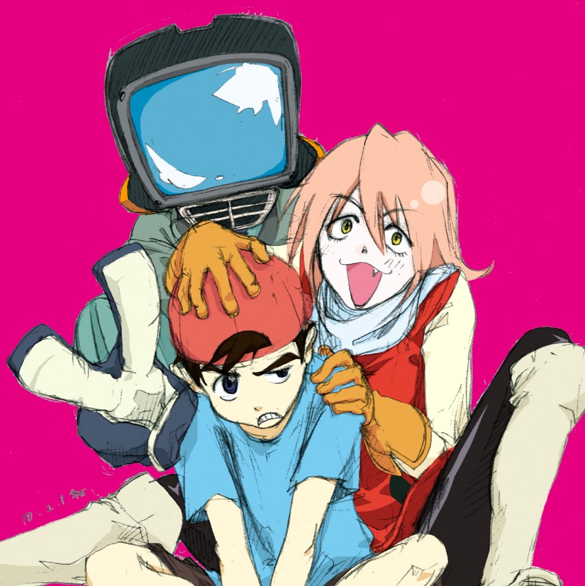 haruhara haruko, nandaba naota, and canti (flcl) drawn by kazuichi2