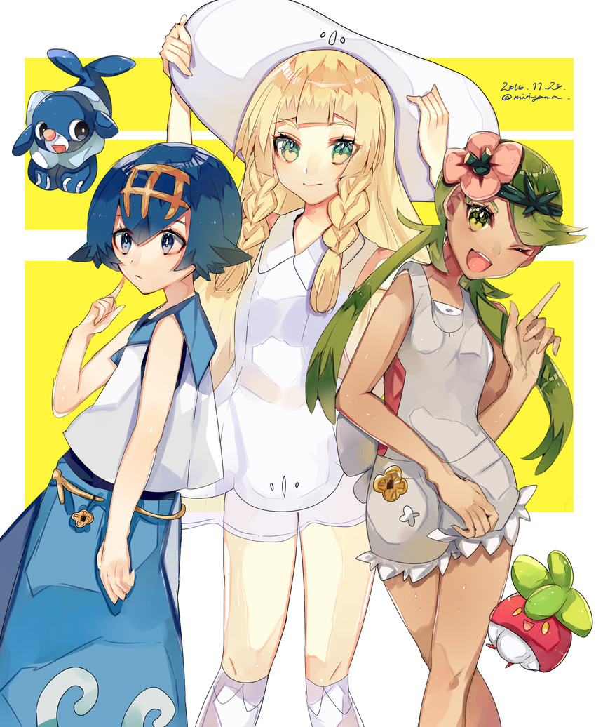 lillie, lana, mallow, popplio, and bounsweet (pokemon and 1 more) drawn by miri_yama