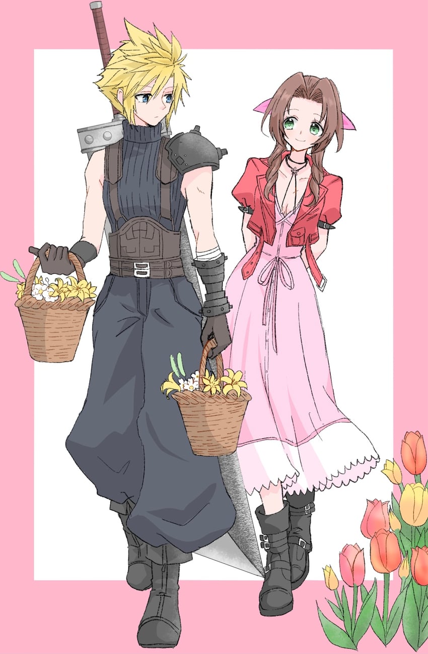cloud strife and aerith gainsborough (final fantasy and 2 more) drawn by kira0902