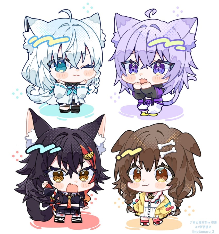 shirakami fubuki, nekomata okayu, ookami mio, and inugami korone (hololive) drawn by notamaru_2