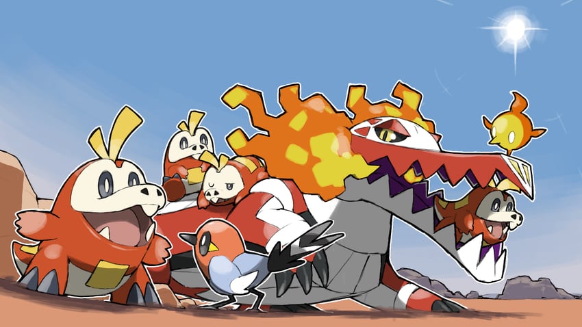 fuecoco, fletchling, skeledirge, and fire bird (pokemon) drawn by blacknirrow