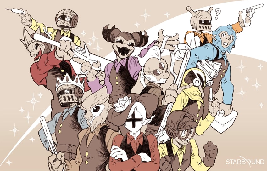 hylotl, apex, avian, glitch, novakid, and 1 more (starbound) drawn by 2gold