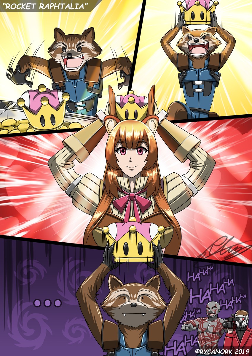 raphtalia, rocket raccoon, peter quill, and drax the destroyer (mario and 5 more) drawn by rycanork
