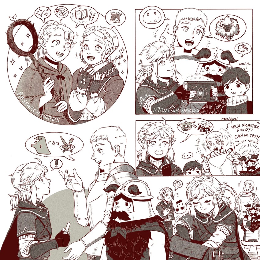 link, princess zelda, marcille donato, laios touden, senshi, and 1 more (the legend of zelda and 2 more) drawn by mochiwei