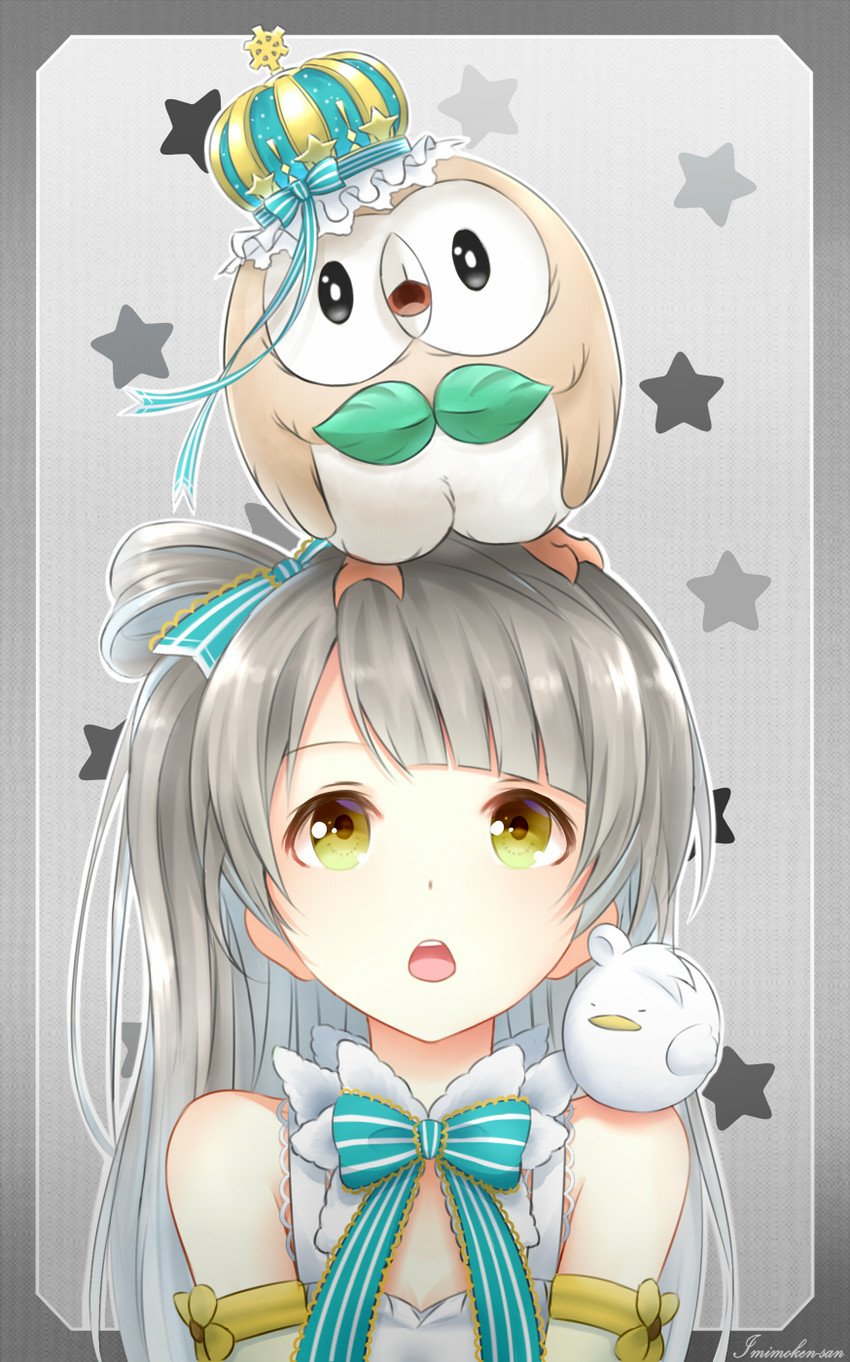 minami kotori and rowlet (pokemon and 4 more) drawn by nekomimi_bw