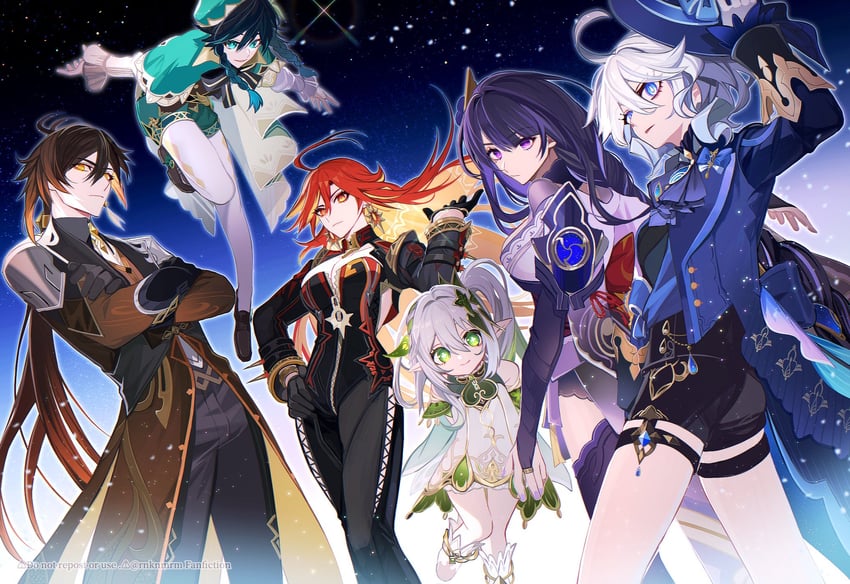 raiden shogun, furina, nahida, zhongli, venti, and 1 more (genshin impact) drawn by hiki_yuichi