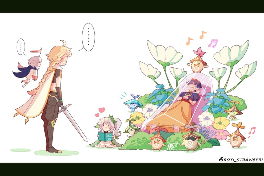 scaramouche, aether, nahida, paimon, aranara, and 6 more (genshin impact and 1 more) drawn by roti_strawberi