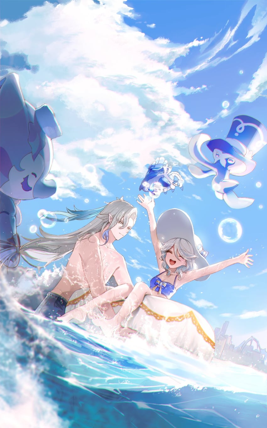 furina, neuvillette, surintendante chevalmarin, gentilhomme usher, and mademoiselle crabaletta (genshin impact) drawn by isobe47