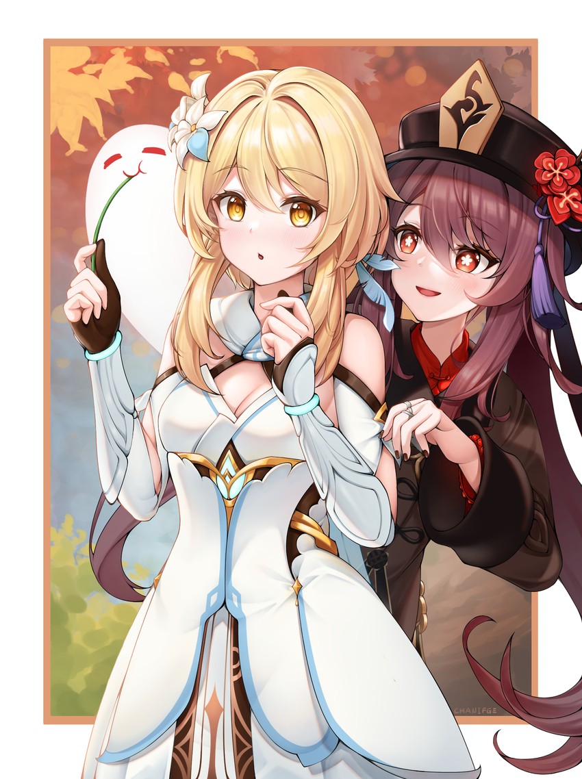 lumine, hu tao, and boo tao (genshin impact) drawn by chanifge