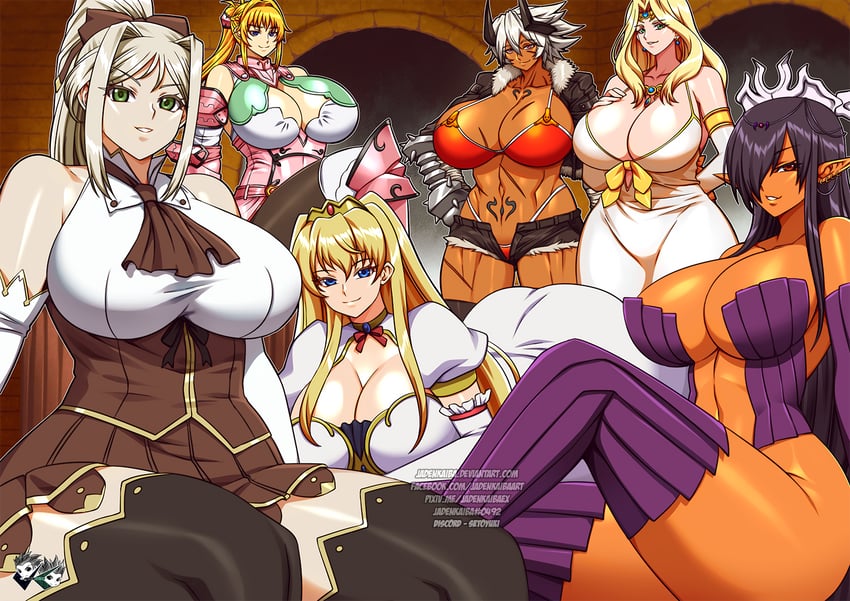 olga discordia, lilia eberwein, jeanne grenoble, warrior helga, henrietta knight, and 1 more (kuroinu ~kedakaki seijo wa hakudaku ni somaru~ and 4 more) drawn by jadenkaiba