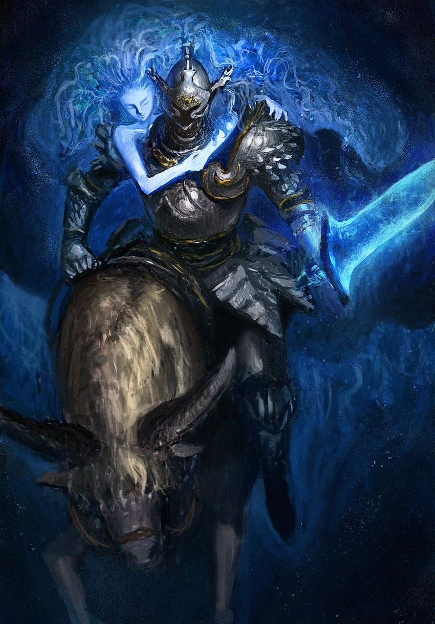 ranni the witch, tarnished, and torrent (elden ring and 1 more) drawn by de_rvert