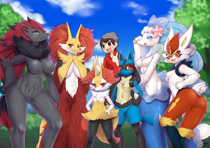 lucario, victor, braixen, cinderace, primarina, and 2 more (pokemon and 1 more) drawn by wolflong