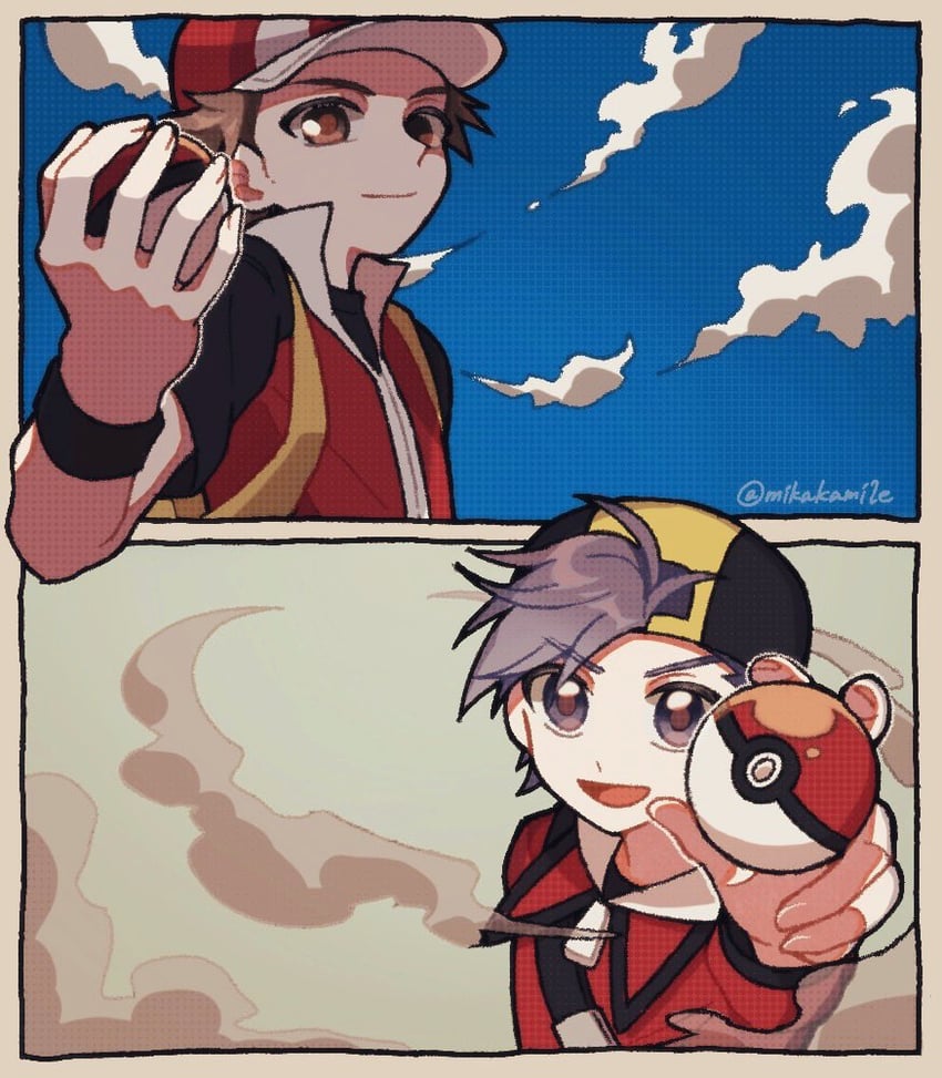 red and ethan (pokemon and 1 more) drawn by mikakami1e