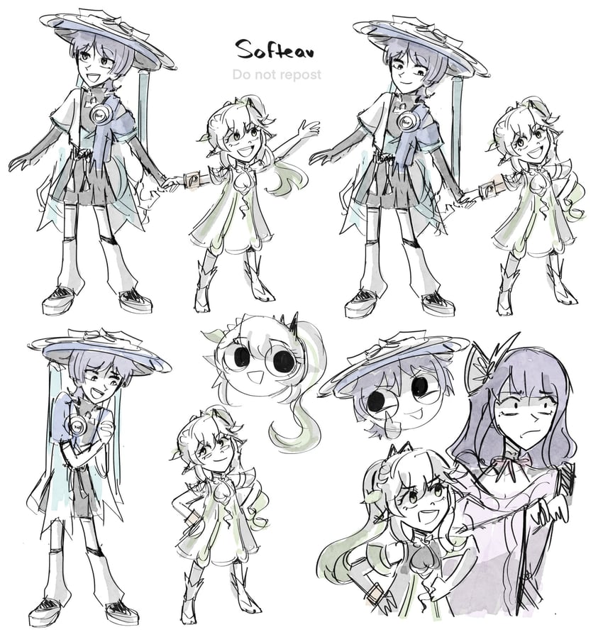 raiden shogun, scaramouche, nahida, and wanderer (genshin impact) drawn by softea