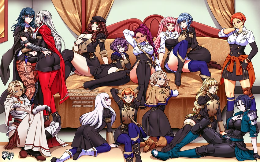 female byleth, edelgard von hresvelg, hilda valentine goneril, lysithea von ordelia, marianne von edmund, and 9 more (fire emblem and 1 more) drawn by jadenkaiba