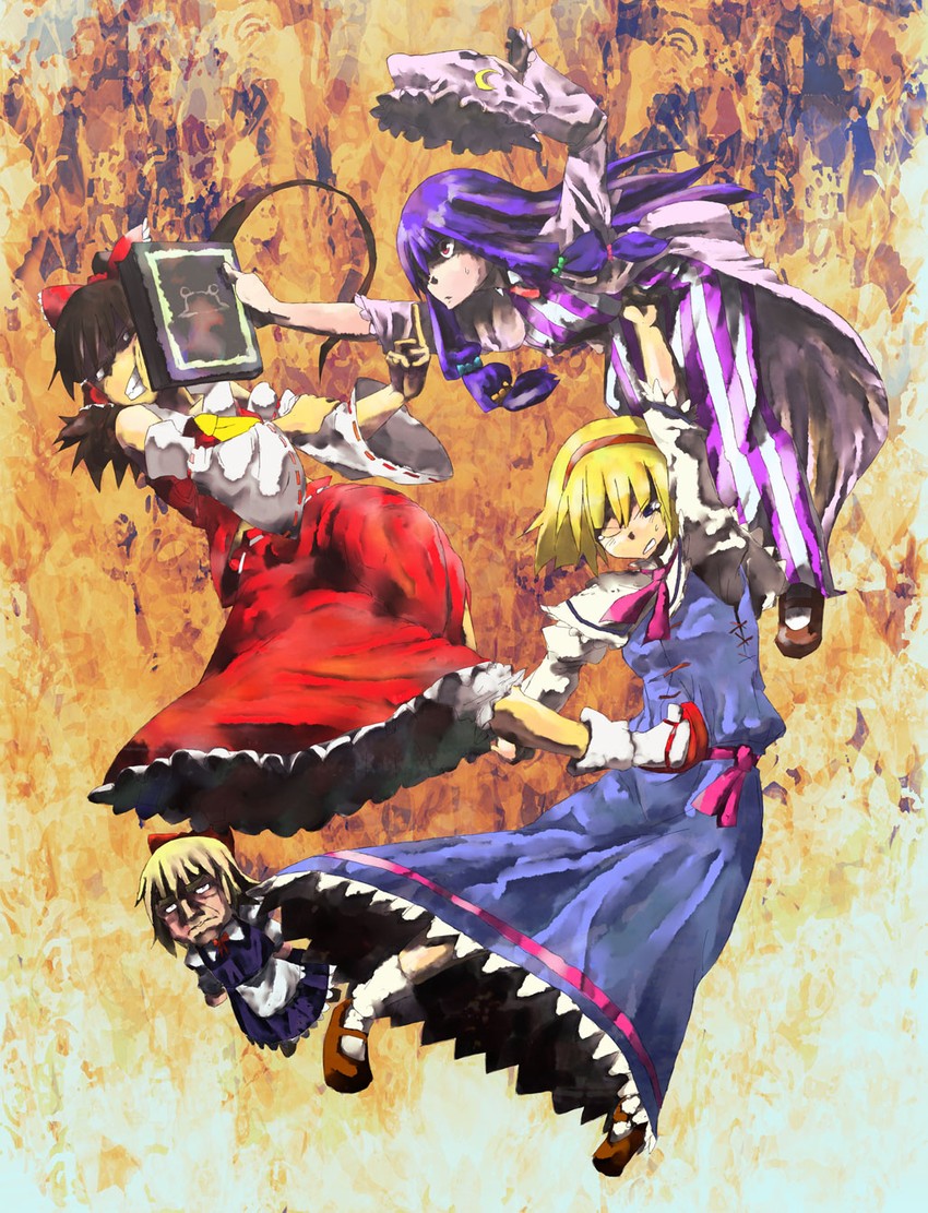 hakurei reimu, alice margatroid, patchouli knowledge, shanghai doll, and pyonta (touhou) drawn by chomoran and lefthand