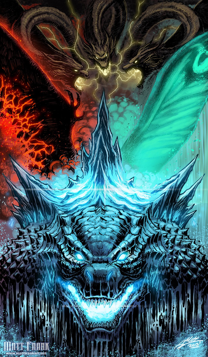 godzilla, king ghidorah, mothra, and rodan (monsterverse and 2 more) drawn by matt_frank