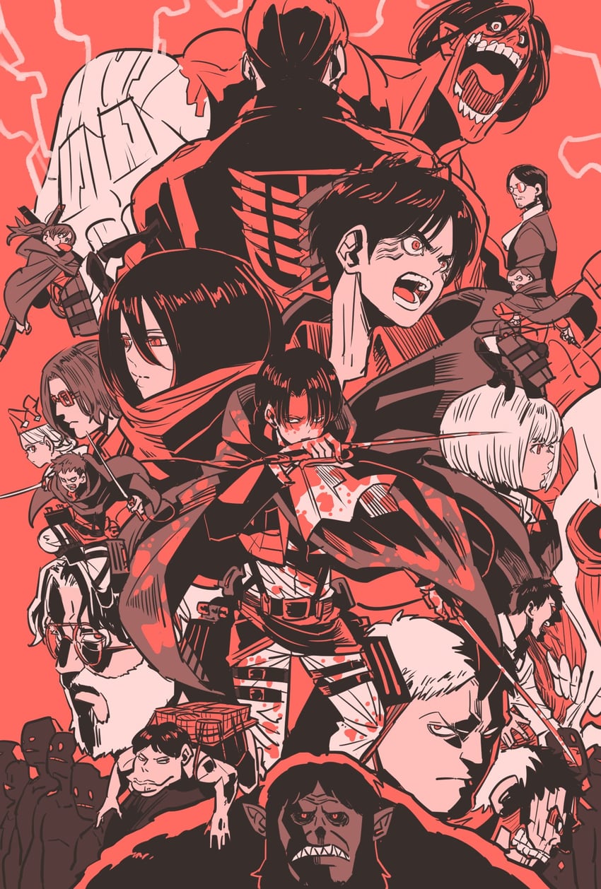 mikasa ackerman, eren yeager, levi, krista lenz, reiner braun, and 14 more (shingeki no kyojin) drawn by takeuchi_ryousuke