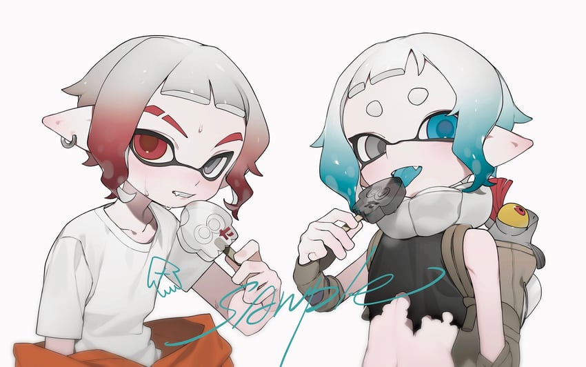 inkling player character, inkling boy, smallfry, and agent 3 (splatoon and 1 more) drawn by gomi20021021