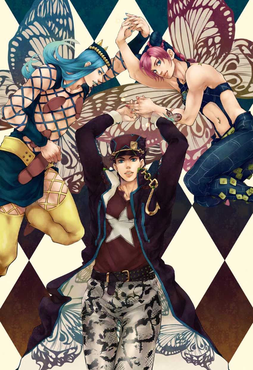 kujo jotaro, kujo jolyne, and narciso anasui (jojo no kimyou na bouken and 1 more) drawn by neopara