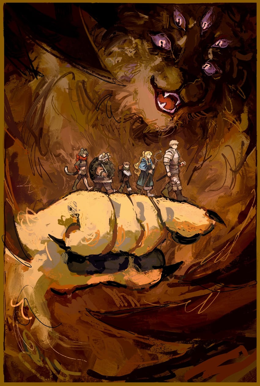 marcille donato, laios touden, senshi, chilchuck tims, izutsumi, and 1 more (dungeon meshi) drawn by xaki_(chanxaki)
