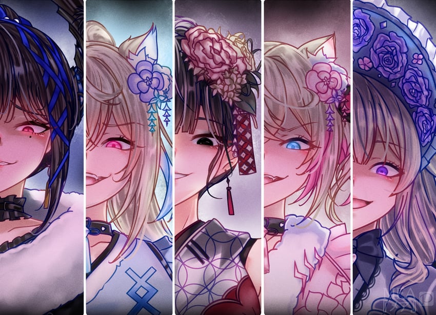 shiori novella, nerissa ravencroft, fuwawa abyssgard, mococo abyssgard, and koseki bijou (hololive and 1 more) drawn by mea_(manami030)