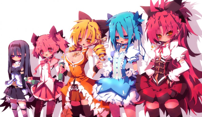 akemi homura, kaname madoka, miki sayaka, sakura kyoko, and tomoe mami (mahou shoujo madoka magica) drawn by dangomushi