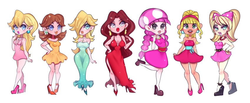 princess peach, rosalina, princess daisy, pauline, toadette, and 2 more (mario and 1 more) drawn by raven_(04070714)