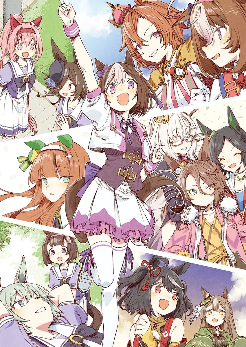 rice shower, silence suzuka, satono diamond, kitasan black, special week, and 8 more (umamusume) drawn by abara_heiki