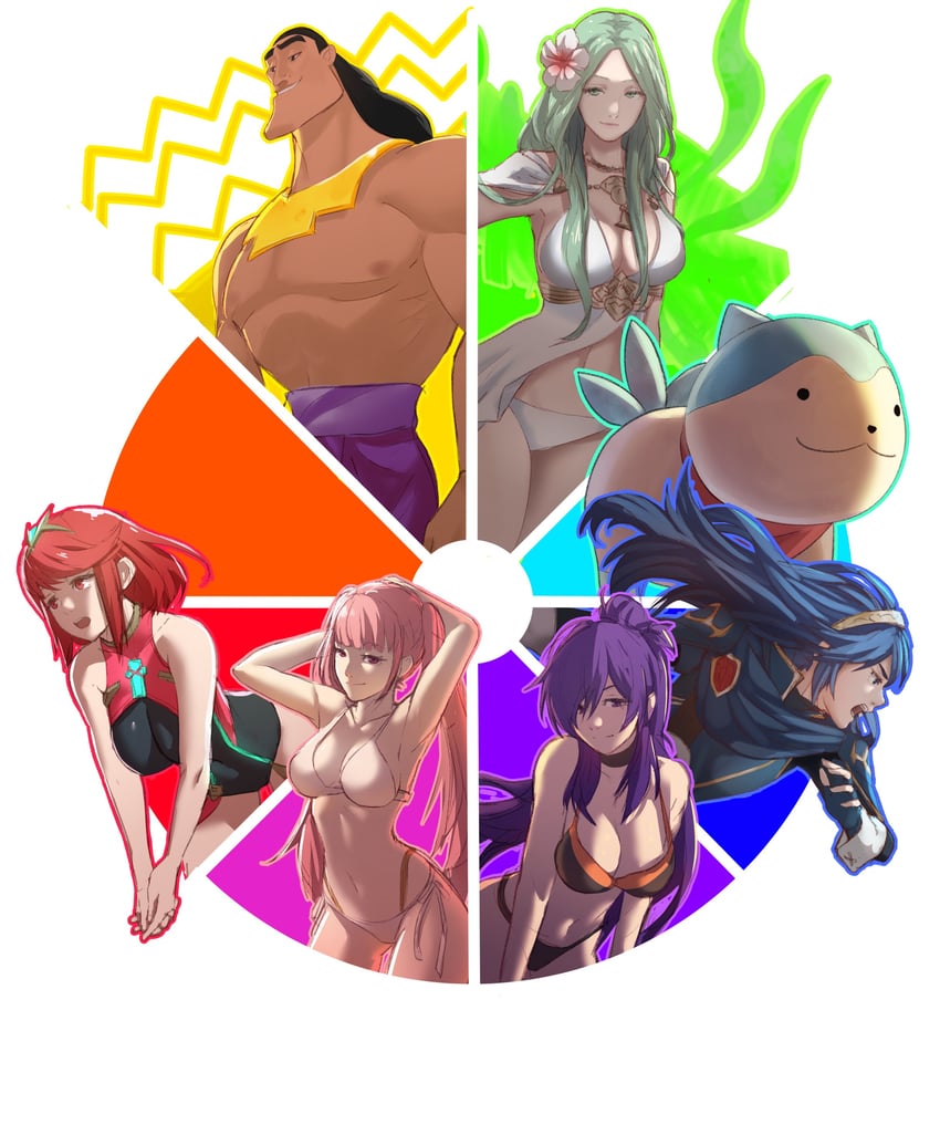 pyra, lucina, hilda valentine goneril, rhea, female shez, and 2 more (fire emblem and 6 more) drawn by pomelomelon