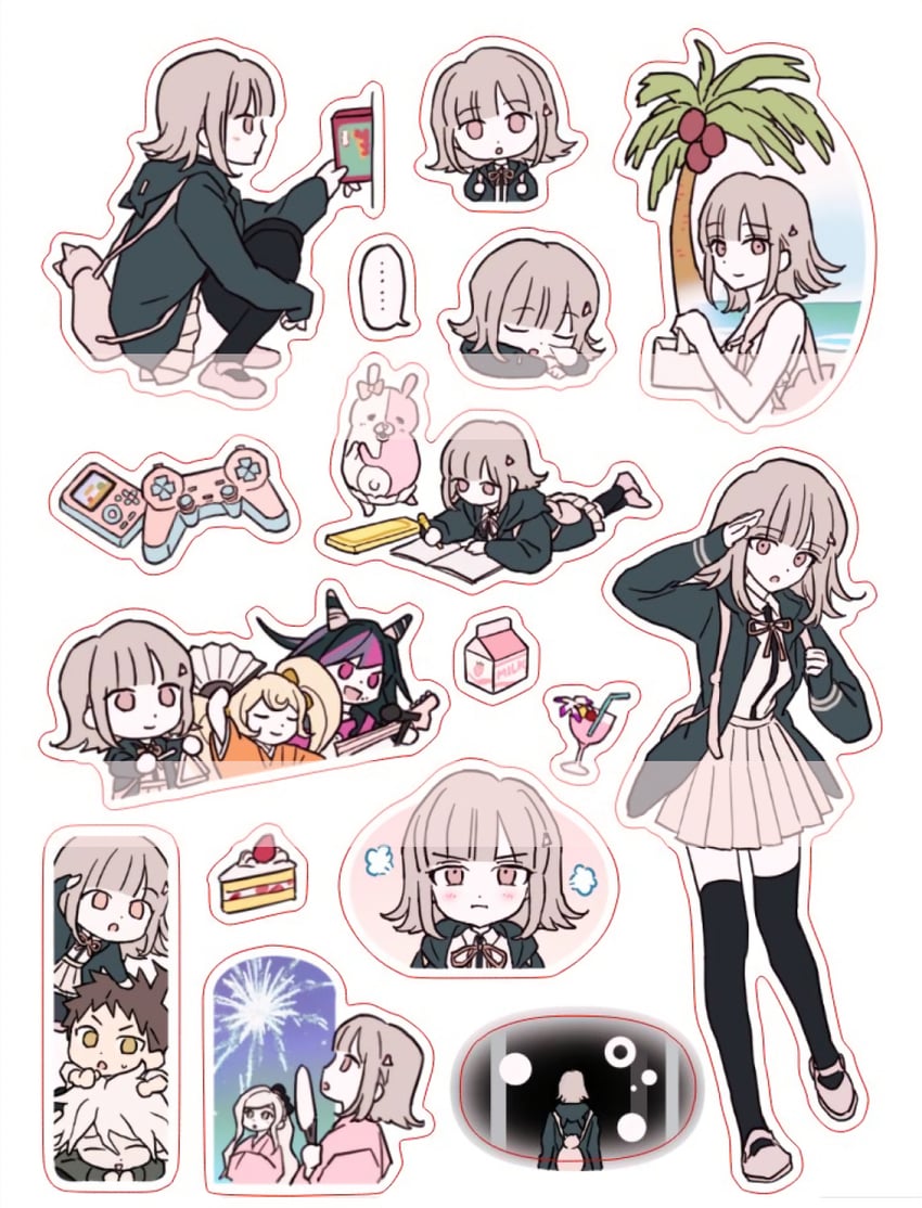 nanami chiaki, komaeda nagito, hinata hajime, monomi, mioda ibuki, and 2 more (danganronpa and 1 more) drawn by beolgug