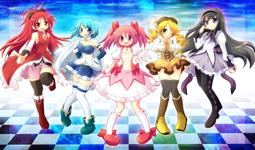 akemi homura, kaname madoka, miki sayaka, sakura kyoko, and tomoe mami (mahou shoujo madoka magica) drawn by geo_(yukishitadou)